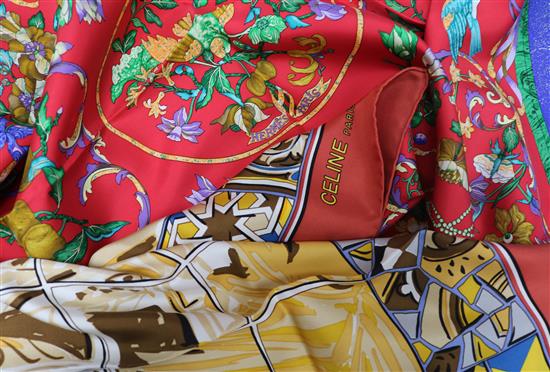 A boxed Hermes silk scarf and a Celine silk scarf